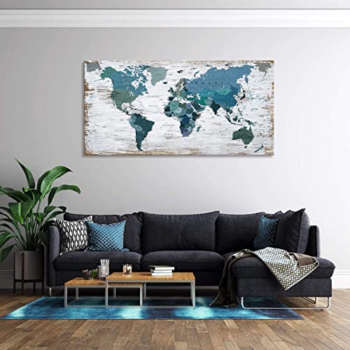 Teal Decor World Map Canvas Wall Art Pictures For Living Room Wall Decoration Blue Wall Decor Office World Map Wall Art Map Of The World Picture Framed Artwork Decor For Home Bedroom Decoration 20"X40" #TOP7