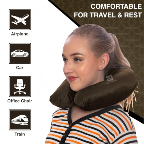 Image of CRAE Travel Neck Pillow for Men & Women | Soft Fibre Cushion for Flight, Car & Train | Soft Velvet Fabric with Attachable Snap Strap | Cervical Support for Neck Pain Relief.Pack of 1(Brown)