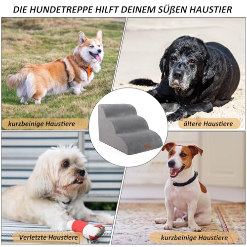 CALIYO Hundetreppe 3 Stufen，Hundetreppe für Kleine Hunde,Treppe für Hunde aus Hochdichtem Schwamm,Haustiertreppe Mit waschbarem Bezug und rutschfestem Boden(60 * 40 * 40CM,Grau)