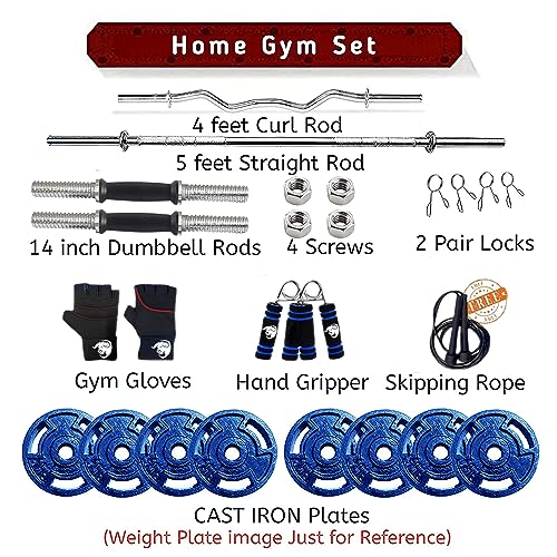 Image of BULLAR Home Gym Set, Home Gym Equipments For Men, Gym Equipment Set For Home Workout, Home Gym Kit With 40kg Iron Weight Plates 30mm, 4 Feet & 5 Feet Weight Lifting Rod, Dumbbell Rods & Accessories