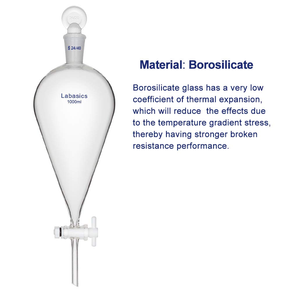 Labasics szkło borokrzemowe 1000 ml stożkowy rozdzielacz z korkiem PTFE - 1000 ml