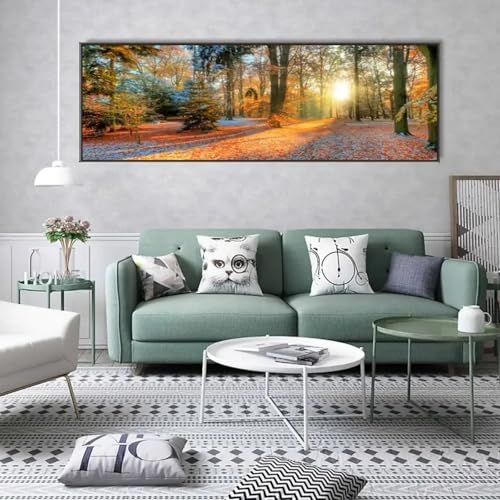 Art mural de paysage pour salon avec cette toile de forêt au lever du soleil 55x110cm - 2