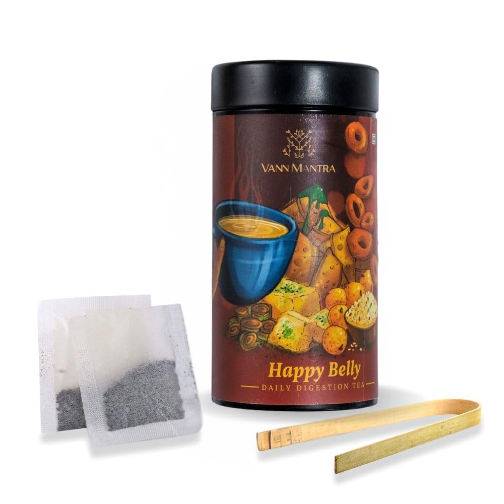 VANN MANTRA Happy Belly Green Tea with Bamboo Tong, Herbal Digestive Support Blend with Cardamom, Moringa, Licorice & Fennel, Daily Digestion Tea for Healthy Stomach (25 Tea Bags)