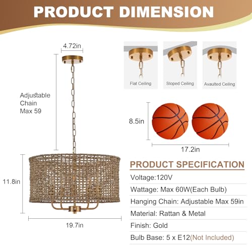 Image of 19.7 inch Gold Rattan Chandelier, 5-Light Boho Wicker Light Fixture | Hand-Woven Rattan Pendant Light; Adjustable Chain; Farmhouse Basket Drum Chandeliers for Dining Room, Kitchen Island, Bedroom