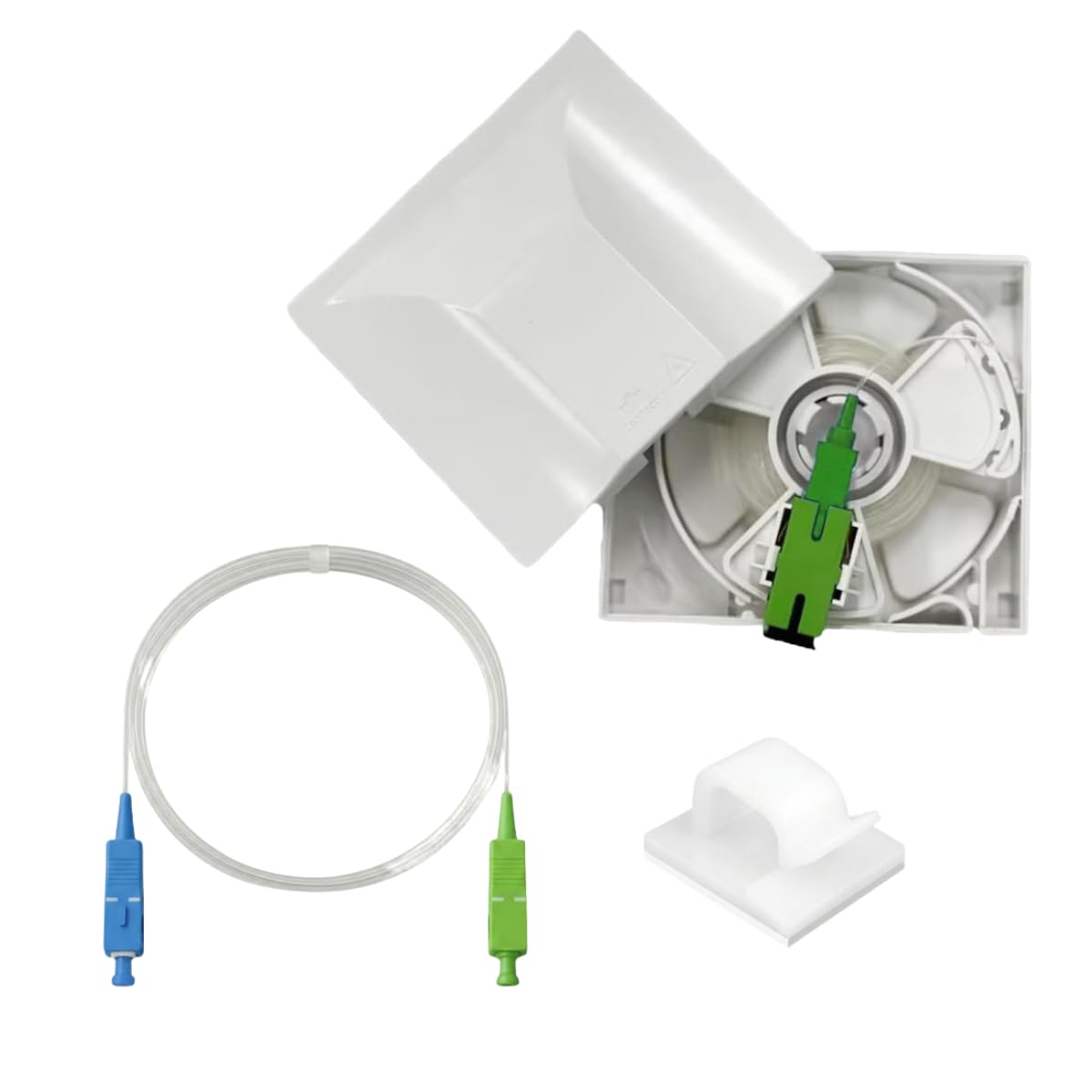 Kit Essentiel Rallonge Fibre Optique Freebox Free - 40m - Câble Transparent Sur Enrouleur + Jarretière Invisible 3m SC-APC/SC-UPC + 20 Clips Adhésifs - Déplacement/Déportation De Box Internet