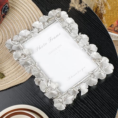 Silver 5x7 Picture Frame, Vintage Silver Ornate Leaf Textured Hand-Crafted Resin Frames with Glass Front, Antique Photo Frame for Tabletop Display, Retro Design Home Decor