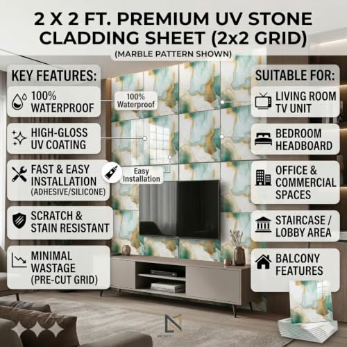 Image of OCEANSKY Green & Gold Abstract Marble UV Panels, Pack of 8