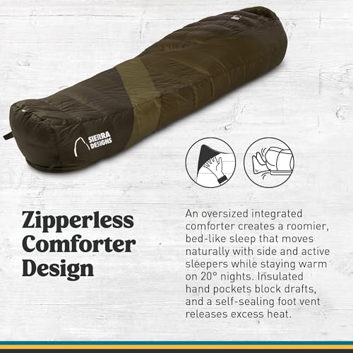 Image of Sierra Designs Cloud 20 Degree DriDown Sleeping Bag Ultralight Zipperless Down Sleeping Bag for Backpacking and Camping