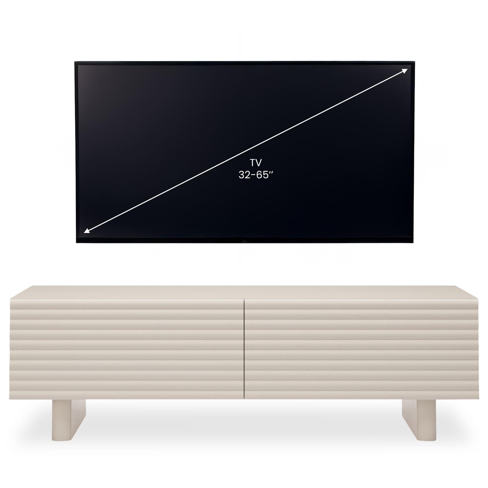 IDIMEX Meuble TV Turku L 150 cm avec 2 Portes Style Cannelé Couleur Blanc Cachemire, Design Moderne et Façade Rainurée, pour Téléviseurs de 32" à 65"