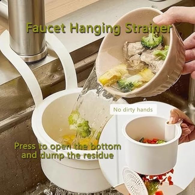 Food Waste Catcher for Sink Around Faucet - Kitchen Hanging Mesh Draining Strainer Basket with Rinsing & Easy Dumping Design for Garbage & Wash Vegetables and Fruit (White)