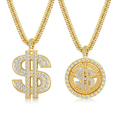 LOYALLOOK 2PCS 18K Gold Plated Chain with Dollar Sign Pendant Necklace Old School Hip Hop Rotatable Dollar Necklace 80s 90s Rapper Costume Big Chunky Turnover Punk Style Necklace