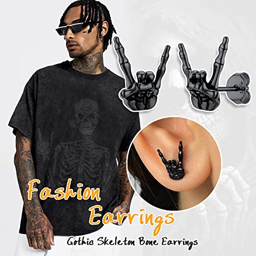 SILVERCUTE Skull Stud Earrings, Men Womens Personalized Punk Gothic Earrings, Sterling Silver Bat/Fire/Skeleton/Skull Hand Earrings for Halloween Party, Hypoallergenic3