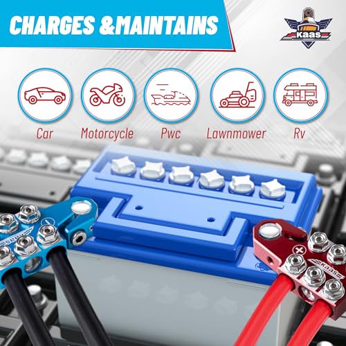 Image of Kaas Battery Terminal Connectors, Colored Anode Top Post Battery Terminal, Positive (Red) Negative (Blue) Set (+ /-), for SAE /DIN /EN Tapered Top Post, 12-Way Terminal Clamps in 8AWG to 4 /0 (XL) AWG