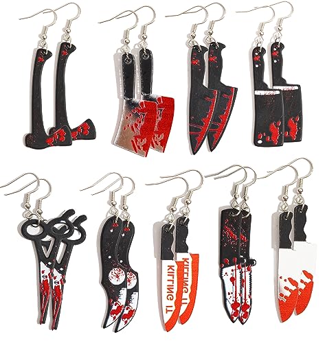 9 Pairs Halloween Earrings for Women Funky Spooky Quirky Earrings Bloody Knife Axe Dangle Earrings Creepy Acrylic Lightweight Acrylic Earrings Set Gifts Jewelry