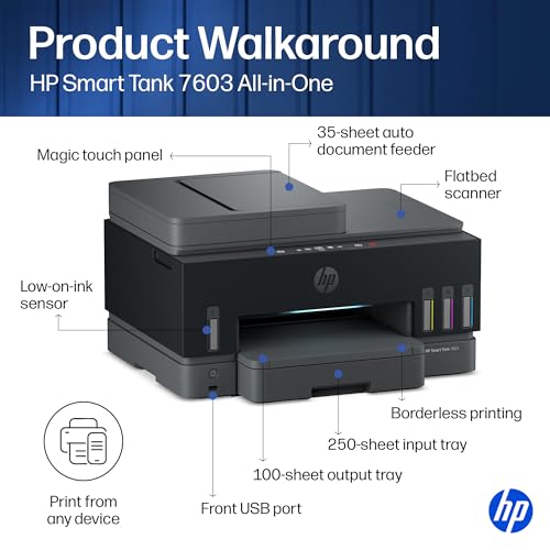 Image of HP Smart Tank 7603 Wireless All-in-One Ink Tank Printer, Scanner, Fax, Copier with up to 3 Years of Ink Included, Best-for-Home Office, Cartridge-Free Refillable, AI-Capable (D34F7A)