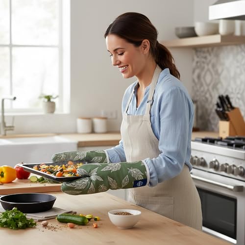 Image of Encasa XO Extra Long 18x35 cm Microwave Oven Gloves Mitts (2 pcs) for Kitchen Cooking - Big Leaf Green - Heat Resistant, Thick & Safe, Protection of Hands from Hot Utensils, Gas Flame, Grill, Barbecue