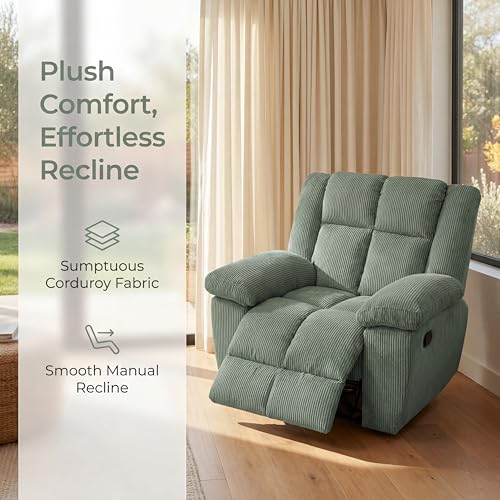 Image of Oversized Corduroy Recliner Chair, Manual Lazy Boy Recliner with Home Theater Seating, Breathable Living Room Reclining Chair for Adults Reading, Gaming, Relax, Green