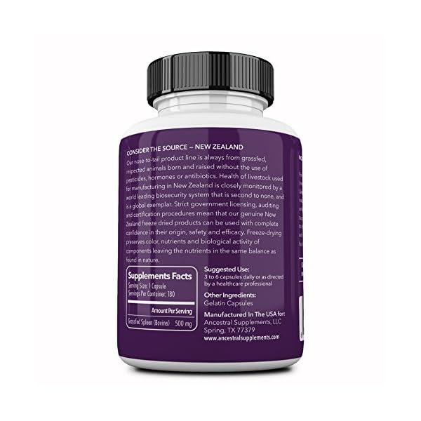 Ancestral-Supplements-Grass-Fed-Beef-Spleen-Desiccated--Immune-Allergy-Iron-5-Xs-More-Heme-Iron-Than-Liver Ancestral Supplements Grass Fed Beef Spleen Supplement, 3000mg Beef Organ Spleen Support Formula Promotes Digestive, Immune, Iron, Energy and Allergy Health, Non GMO, 180 Capsules