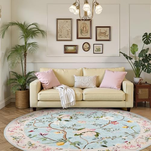 jinchan Floral 7Ft Circle Rug, Vintage Washable Rugs Non Slip, Flower Soft Round Rugs Low Pile Stain Restistant, Boho Design Carpets for Playroom Bedroom Living Room Dining Room, Blue/Pink