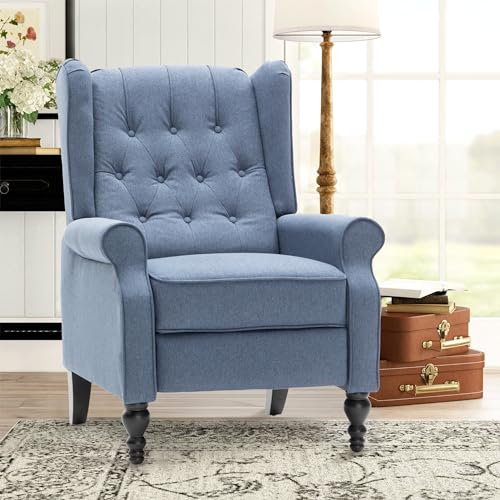Mid Century Wingback Recliner Chair for Adults Modern Linen Fabric Push Back Recliner Chairs with Button Tufted Upholstered Back & Footrest Manual Recliner Chais for Living Room Nursery Blue