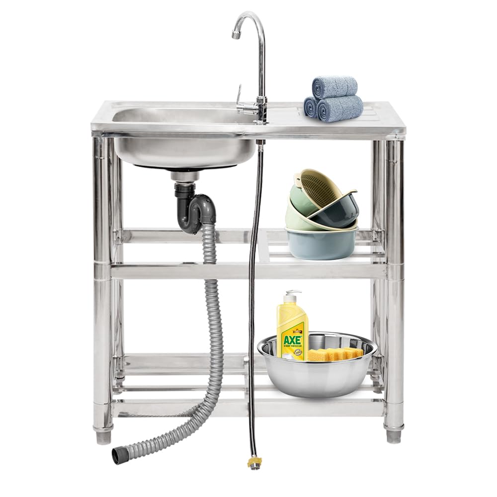 Stainless Steel Single Bowl Freestanding Commercial Utility Sink Set with Faucet, Drainboard & Storage Shelves, 30x17x31 inches