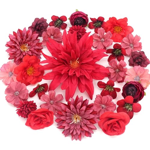 MOTONG 30 Stück Kunstblumen zum Basteln Künstlich Blütenköpfe, Künstliche Blumen Seidenblumen for Home Decor Brautstrauß Blumen Rosa Hochzeitsdeko Tisch Party Valentinstag Rot