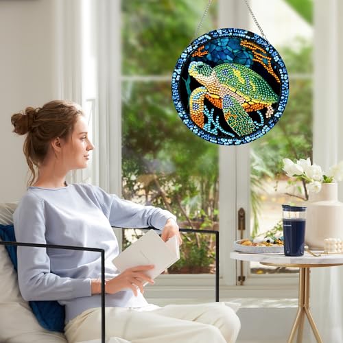 Image of AiYuanzsh Sea Turtle Diamond Painting Hanging Pendant Kit, Special Shaped Diamond Dots Acrylic Ornament, DIY Diamond Art Pendant for Adults Home Wall Window Decoration Gift