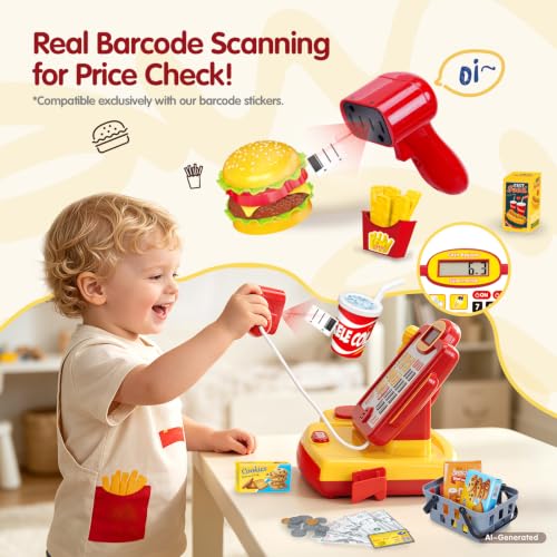 Image of FS Toy Cash Register for Kids with Barcode Scanner & Working Calculator, Pretend Play for Toddlers 3-5 Grocery Store Shopping Playset, Kids Cash Register with Play Money for Boys and Girls 3-8