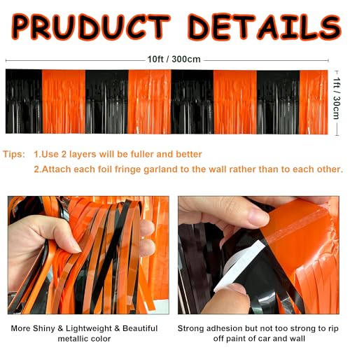 Image of 4 Pack 39 Feet Black Orange Halloween Parade Float Decorations for Trailer Car, Foil Fringe Tinsel Streamers Banner Garland for Halloween Graduation Homecoming Party Decoration (Black Orange)