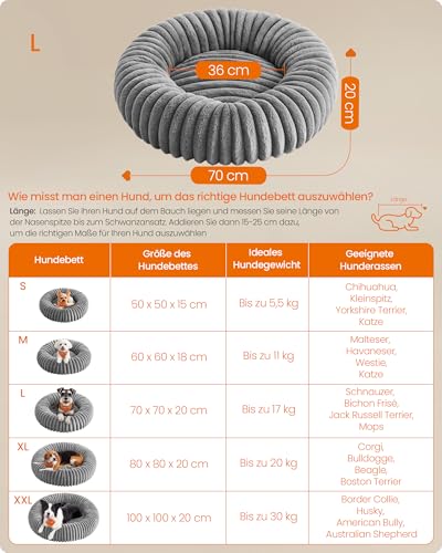 Feandrea Hundebett, großes Katzenbett, 70 cm Durchmesser, Hundekörbchen, Hundekissen waschbar, weiche Polsterung, rutschfest, Taubengrau PGW303GD01