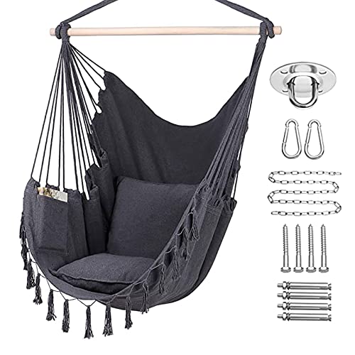 YFWOKSL Sillas Colgantes, Hamaca de Cuerda Colgante con 2 Cojines, Capacidad máxima de 330 Libras, Silla Colgante Grande de macramé con Tejido de algodón de Bolsillo para una Comodidad Superior (neg