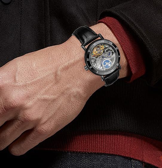 Image of FORSINING Men's Self Winding Automatic Watch Tourbillon Analog Skeleton Movement Moon Phase Wrist Watch with Genuine Leather Strap