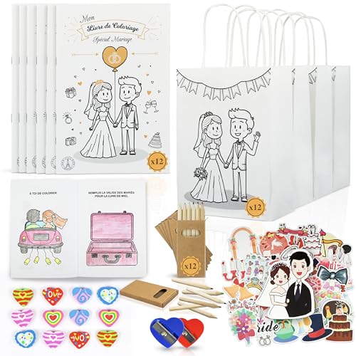 Lot de 12 Kits Cadeau Mariage pour Enfants avec Livres de Coloriage et d'Activités, Sacs à Offrir, Crayons – Activités Ludiques pour Occuper les Enfants – Cadeau...
