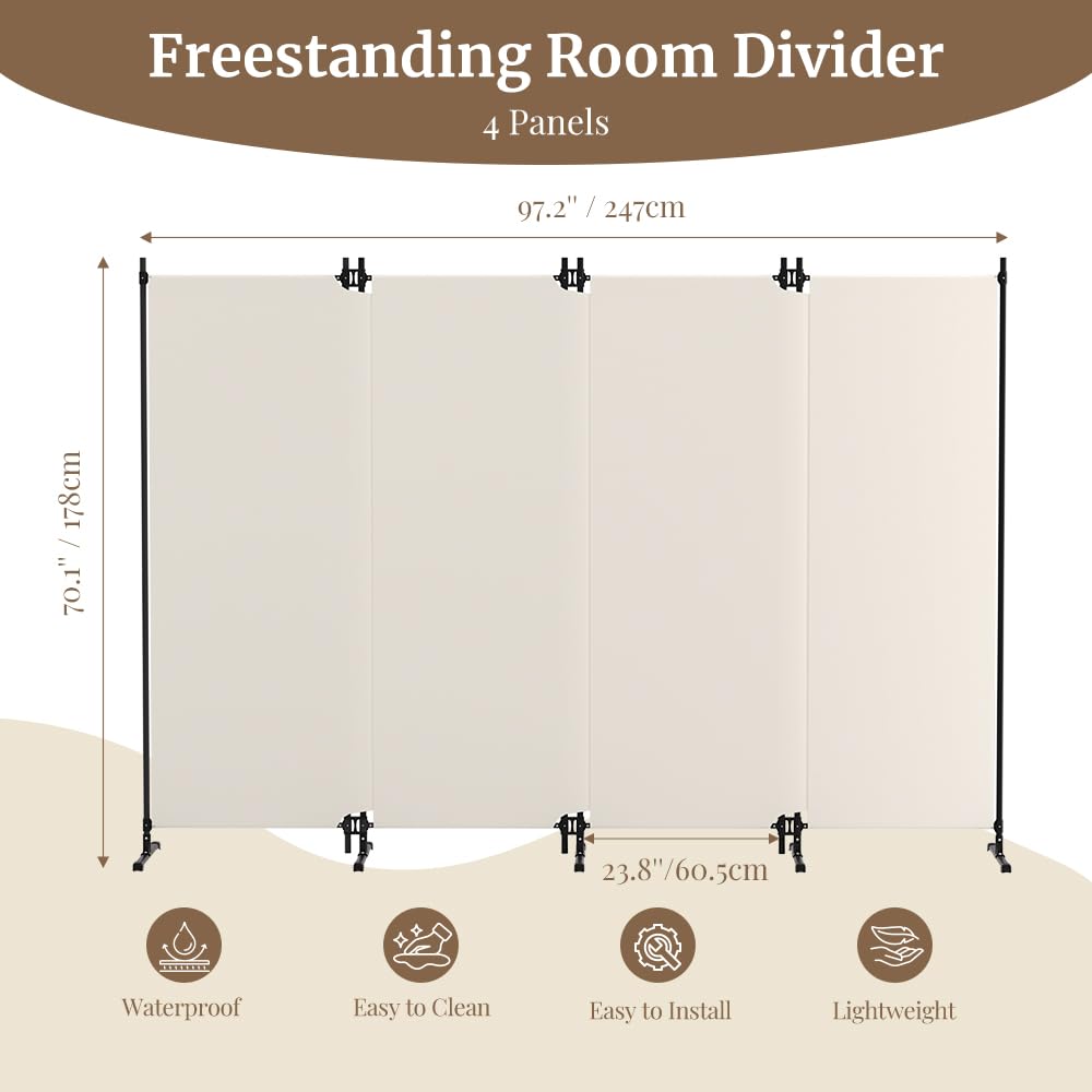 Kokorona Cloison de séparation pliable à 4 panneaux, écran d'intimité portable pour la maison, le bureau, séparateur de pièce pour séparation de pièce, installation facile, beige, 247 x 178 cm (l x H)