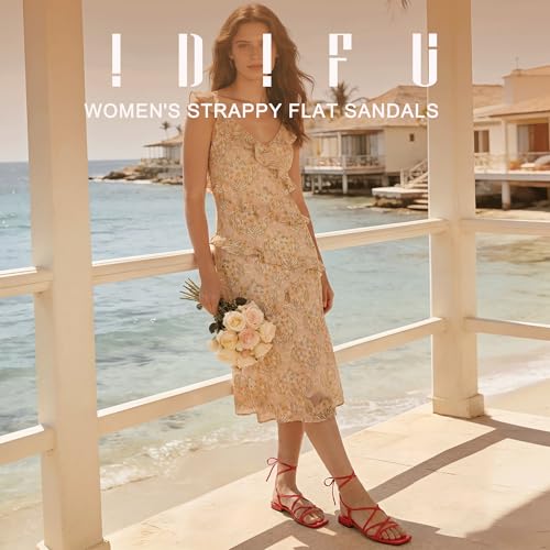 Image of IDIFU Strappy Lace Up Flat Sandals for Women Tie Up Square Open Toe Ankle Wrap Straps Dressy Gladiator Summer Beach Wedding Party Ladies Comfortable Cute Casual Dress Sandals