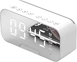 Relógio Digital e Caixa de Som com Alto Falante Bluetooth, Tela Espelhada Portátil e Compacto com Led Luminoso, Alarme Duplo, Display de Temperatura, Temporizador de Sono (Branco)
