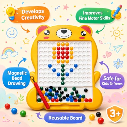 Image of Magnetic Drawing Board for Kids with 80 Beads & Pen | Big Size Educational Doodle Board | Preschool Learning & Fine Motor Skills Toy for Toddlers (Yellow)