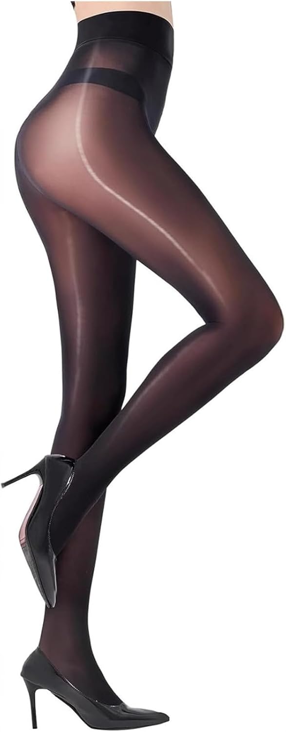 Yolev Women's Shiny Sheer Pantyhose - Sexy Nude Black Oil Shimmery Tights - Ultra Silky High Waist Stockings