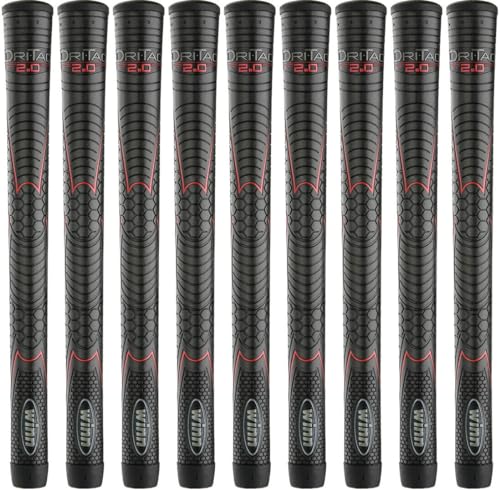 Winn Grips 52DT-JBK Dri-Tac 2.0 series Advance Polymer Technology, 9 Piece Golf Grip Bundle-Standard Size, Jet Black Red