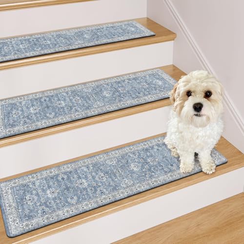 OJIA Stair Treads for Wooden Steps Indoor Washable Stair Carpet Non-Slip 15PCS 30'x8' Rubber Backing Stair Mats Stair Runners for Kids, Elders and Dogs, Staircase Step Treads Stair Covers