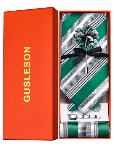 Image of GUSLESON Men's 5-pc Striped Tie Gift Set - Jacquard Necktie, Pocket Square, Cufflinks, Lapel Pin, Tie Clip - Wedding Formal Gifts