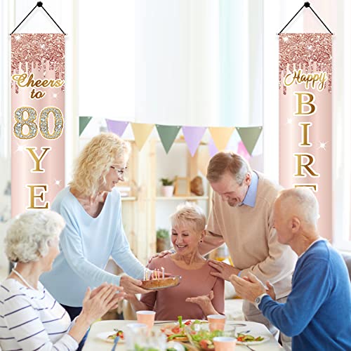Image of 80th Birthday Decorations Door Banner for Women, Pink Rose Gold Cheers to 80 Years Birthday Backdrop Sign Party Supplies, Happy Eighty Birthday Porch Decor for Outdoor Indoor
