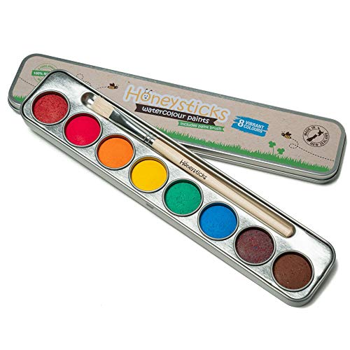 Honeysticks Set de Pintura de Acuarela No Tóxica para Niños. 8 Colores Intensos y Duraderos con Pincel. Ingredientes Naturales y de Grado Alimenticio. Material Seguro para Niños. Gran Idea de Regalo