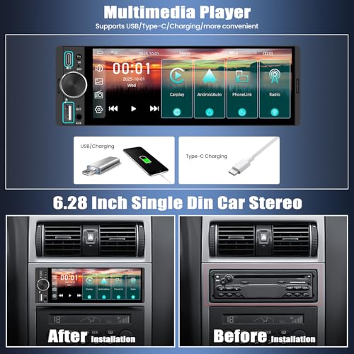 Radio para auto Single Din 6.28" con pantalla táctil HD miniatura 6