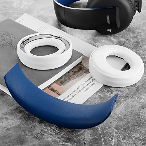 Image of Geekria Earpad and Headband Soft Set Compatible with Sony PlayStation Gold Wireless / PS4 / PS3 / PSV Headphones, Repair Parts Suit (White /Blue)