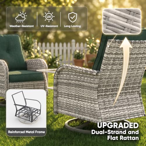 Image of 5-Piece Small Patio Furniture Set, Outdoor Swivel Rocking Chairs Set with Ottomans, Patio Bistro Set for Balcony, Deck, Porch, Dark Green