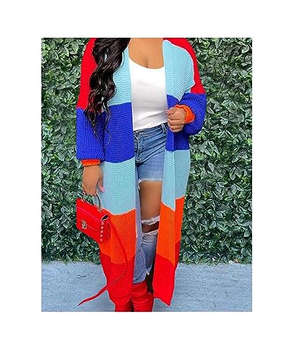 Image of SOMTHRON Women's Fall Cardigan Sweater Open Front Color Block Striped Knit Long Draped Coat Duster Outerwear