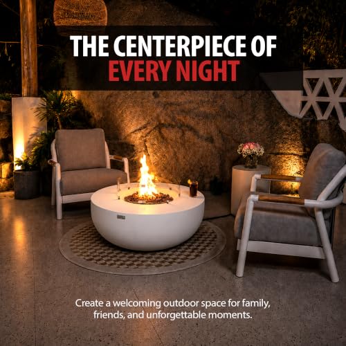 Image of AMS Creations | Eclipse 44 inch Bundle Round Cast Concrete Propane Gas Fire Pit Bowl Table | Cream White | Smooth Texture Surface | Electronic Ignition | Outdoor Patio Heater Outside Backyard Fireplace