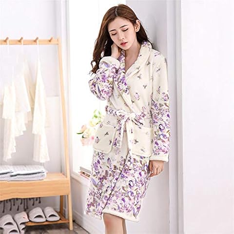 VBHJK Women Winter Fleece Bathrobe,Beige Thick Flannel Lapel Pocket Belt Purple Flowers Print Ladies Long Bathrobe Soft Housecoat Super Warm Loose Nightwear Perfect Loungewear Long Robe,L Cover