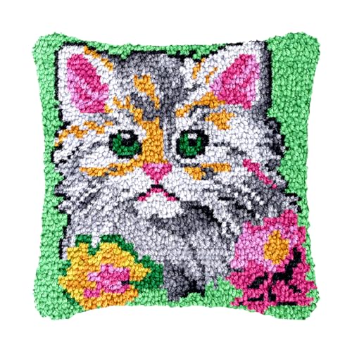 Image of bositigo Cat Latch Hook Pillow Kit for Adults & Kids, DIY Pre-Printed Canvas Craft, 17x17 Inch Decorative Cover for Sofa Cushions, Bedroom Decor (Cat Pattern 31)